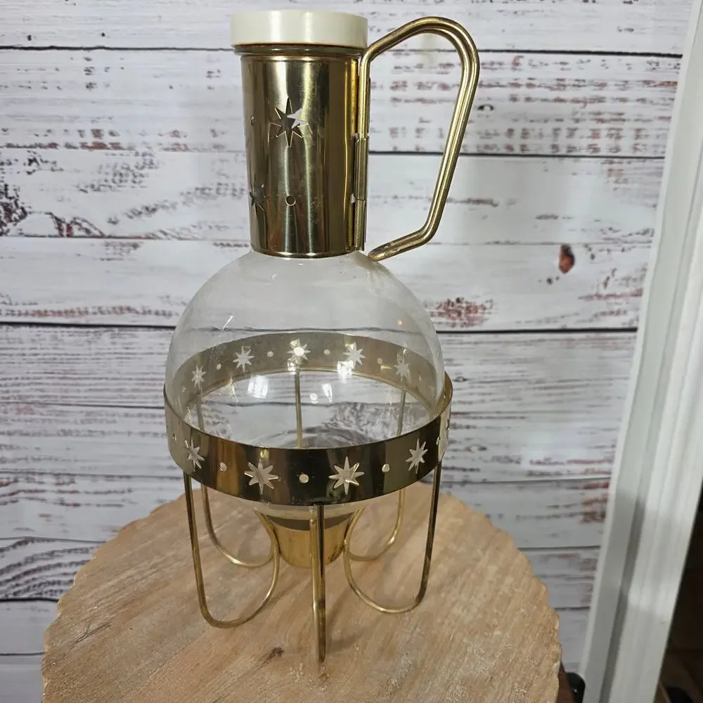 VTG Corning Glass Carafe & Rustic Brass Warming Stand Star Cutouts
